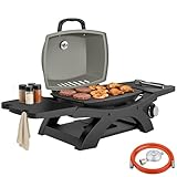 Outsunny Gasgrill 3,3 KW Tragbarer Tischgrill mit 1 Brenner klappbar Seitentischen Gusseisen Grillroste herausnehmbar Fettauffangschale Thermometer Haken, Tischgasgrill BBQ Grill für Garten Balkon