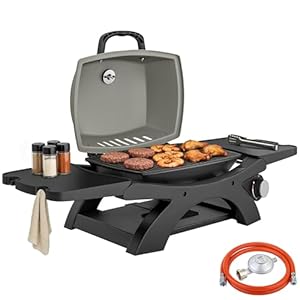 Outsunny Gasgrill 3, 3 KW Tragbarer Tischgrill mit 1 Brenner klappbar Seitentischen Gusseisen Grillroste herausnehmbar Fettauffangschale Thermometer Haken, Tischgasgrill BBQ Grill für Garten Balkon
