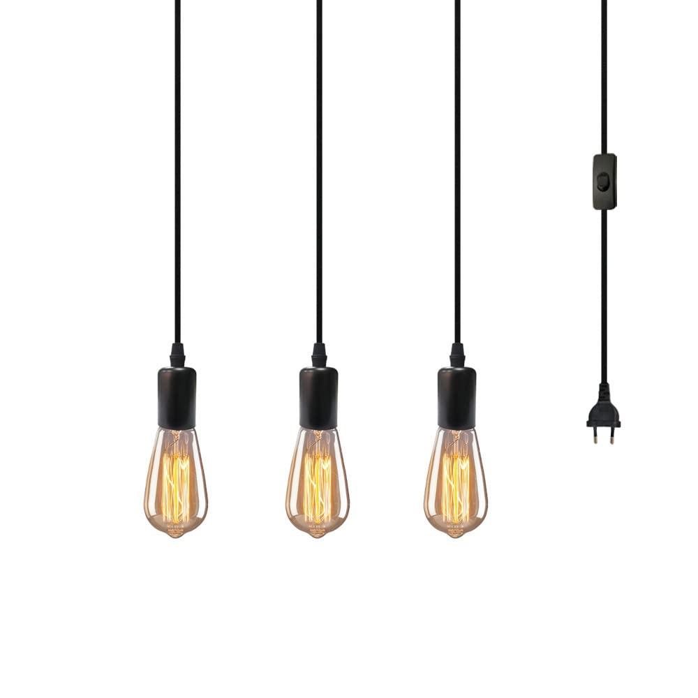 Jadssox Retro Plug In Pendant Light Kit 3 Way Hanging Lamp with Switch, 10FT DIY Chandeliers Vintage Industrial Suspended Lamp, Farmhouse Loft Home Decor Ceiling Lighting Fixtures