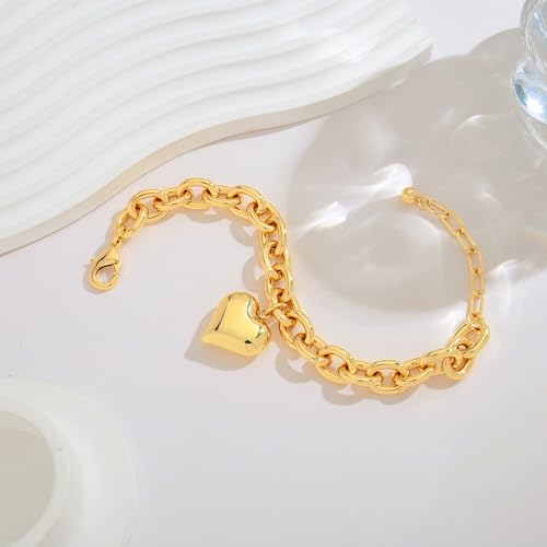 WOWORAMA Gold Heart Bracelets for Women Gold Chunky Link Chain Bracelet Puffy Heart Charm Bracelet Adjustable Thick Chunky Gold Bracelets3