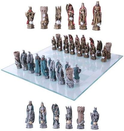 Gifts & Decors King Arthur Legend Merlin Dragons and Magic Hand Painted Resin Chess Pieces with Glass Board Set