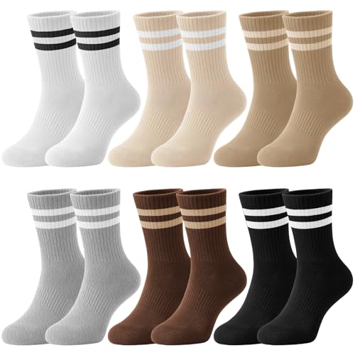 Newcotte 6 Pairs Cotton Crew Socks for Womens Striped Crew Socks Brown Vintage Athletic Fall Sock Size 5-11