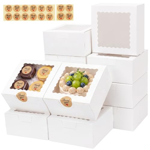 TOMNK 16pcs Cookie Boxes with Window 6x6x3 Inches Bakery Boxes for Treats Chocolate Covered Strawberries Cupcake Pastry(with Stickers)