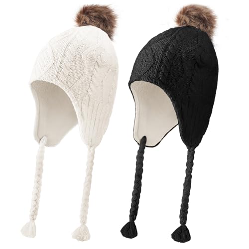 Mepase 2 Pcs Girls Knit Hats Kids Winter Hats for Girls with Ear Flaps Fleece Lining Toddler Warm Baby Caps for 2-3t, 4-5t