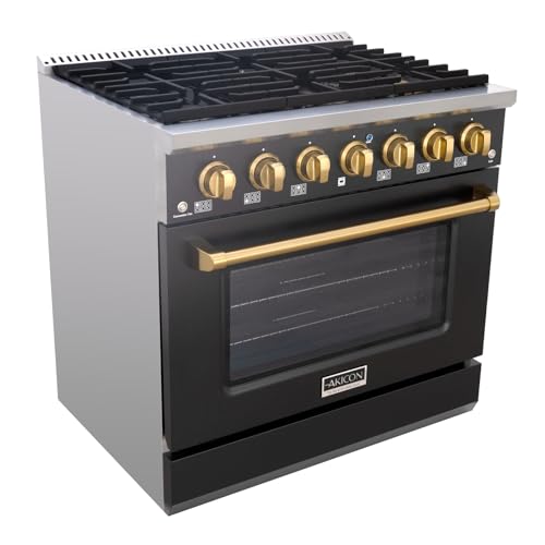 Akicon 36 Inch Freestanding Gas Range - Gas Oven Stove with 6 Sealed Burners, Heavy Duty Cast Iron Grates - 5.2 cu. ft. Capacity Rapid Convection Oven with Blue Porcelain Interior (Black & Gold)