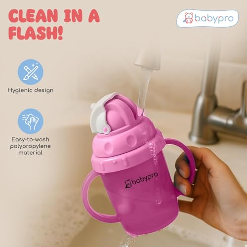 Image of BabyPro Baby Sipper Mug with Straw, 180 ml, Pink, for Babies 1+ Years | Toddler Drinking Bottle, Spill Proof, BPA Free, Easy Grip, Soft Spout, Leak Proof