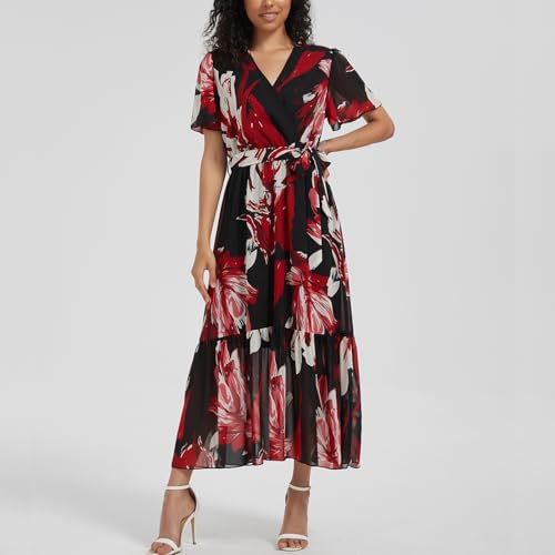 Image of Women's Summer Bohemian Floral Chiffon Dress Cap Sleeve V Neck Ruffle Long Flowy Boho Casual Vacation Dresses