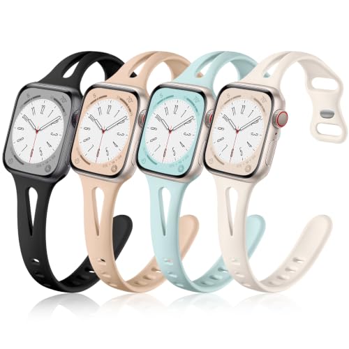 Image of Getino Compatible with Apple Watch Bands 40mm 38mm 41mm 42mm, iWatch Series 11 10 9 8 7 6 5 4 3 2 1 SE, Durable Soft Silicone Thin Slim Sport iWatch Band for Women, Black /Cyan /Starlight /Milk Tea