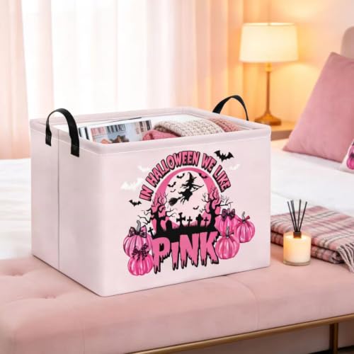 Image of Pink Spooky Cute Witch Halloween Basket with Pumpkin Prints, Trick or Treat Storage basket for Gifts and Party Stuffers(Black Pink Halloween)