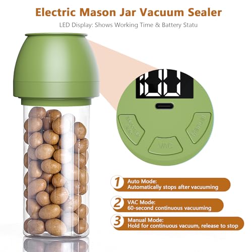 Image of Zivif Electric Mason Jar Vacuum Sealer, Rechargeable Vacuum Sealing Kit for Wide & Regular Mouth Mason Jars, Automatic Jar Sealer for Canning and Food Storage, Includes Lids & Accessories, Green