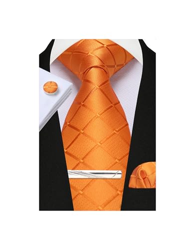 CWKOON Orange Plaid Mens Tie Formal Necktie Pocket Squares Ties Clips Cufflinks Classic for Men Set