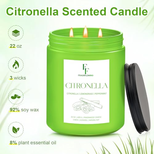 Image of Citronella Large Scented Candle Outdoor Indoor, 3-Wick 22oz Long Lasting Scented Candle, Natural Soy Wax Aromatherapy Candle for Backyard Patio Garden Camping