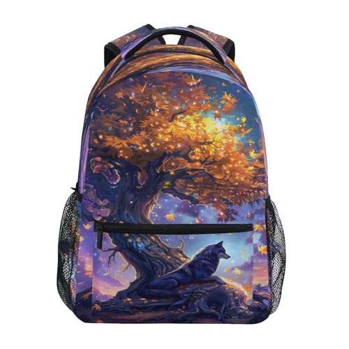 Wolf Gold Tree Moon Backpack for School Boys Girls Adults Kids Bookbag Laptop Bag 15L