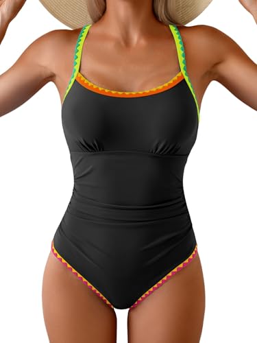 Image of Eomenie Women's One Piece Swimsuit Tummy Control Slimming Bathing Suit Ruched Swimwear Tie Back Shell Stitch Swim Suit