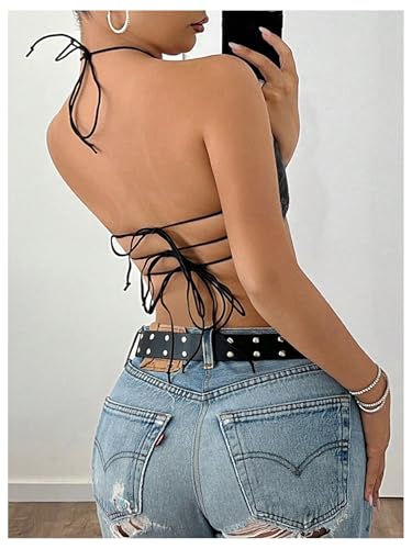 MakeMeChic Women's PU Leather Top Tie Backless Halter Grommet Eyelet Y2K Going Out Tops2