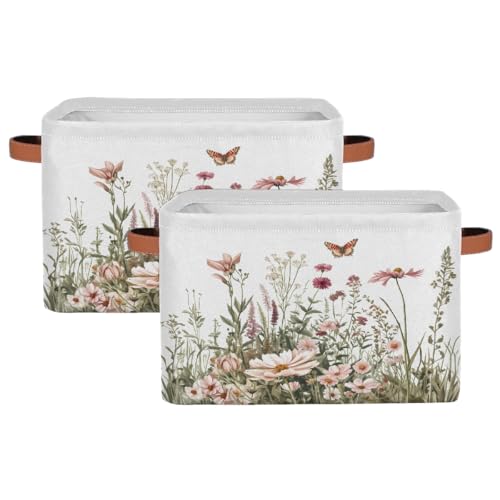 Image of Spring Wildflowers Storage Baskets for Organizing, Fabric Collapsible Storage Bins Box Plants Floral Decorative Toy Organizer Baskets for Closet Shelves Gift Basket 2Pcs