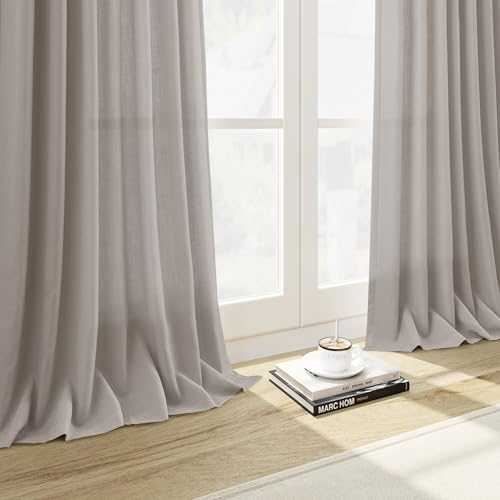 Image of Stone Grey Linen Curtains 108 Inches Long for Living Room Simple Modern Light Filtering Semi Sheer Curtain Back Tab Rod Pocket Neutral Luxury Floor to Ceiling High Window for Bedroom 52x108, 2 Panels
