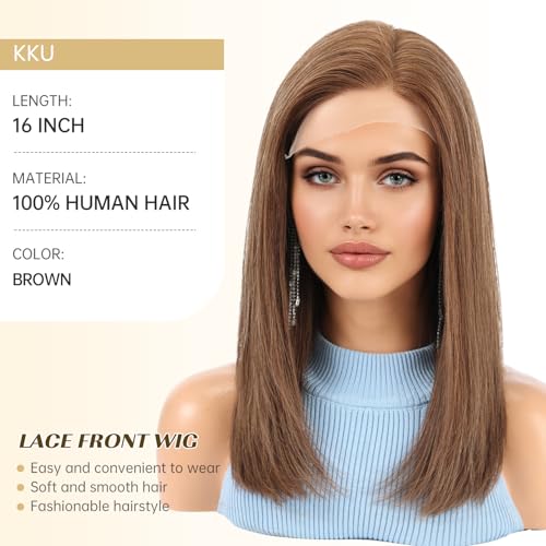 Image of KKU 100% Human Hair Wig, Lace Front Wigs Human Hair Side Part,Brown Wig Human Hair, Real Human Hair Wigs for Women(16Inch)