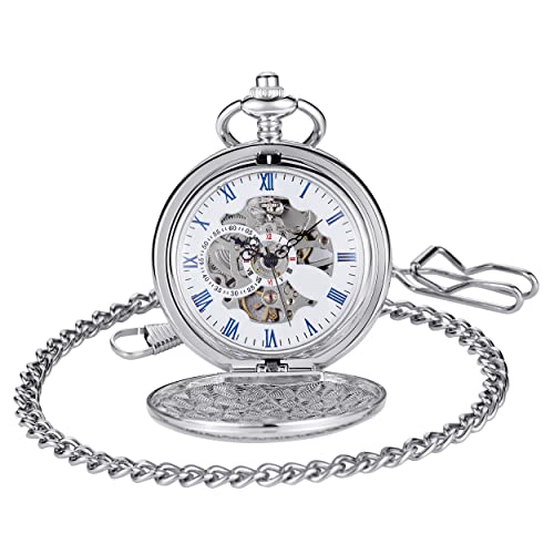 Image of Mens Pocket Watch Skeleton Mechanical Hand Winding Half Hunter Silver Black Golden Case Roman Numerals with Gift Box