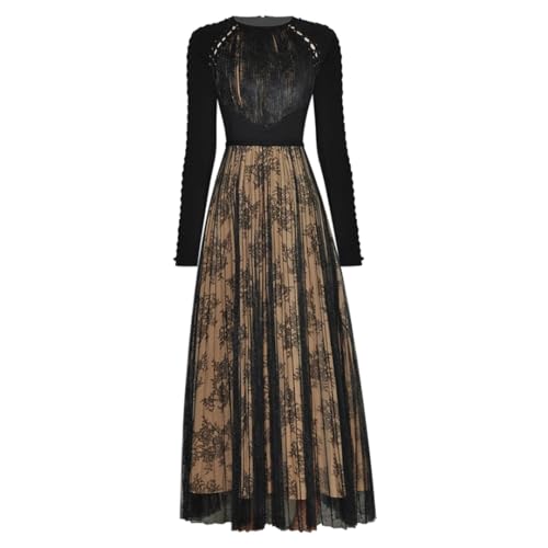 Autumn Women O-Neck Lace-Up Long Sleeve Lace Patchwork Elegant Party