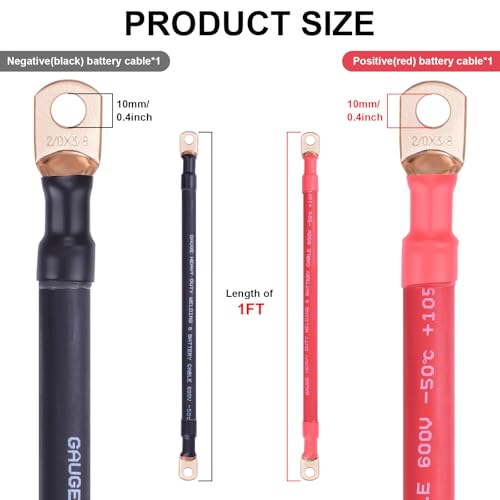 Image of iGreely 2 /0 AWG Battery Cable 2 /0 Gauge Copper Welding Battery Wires with 3 /8'' Heavy Duty Lug for Solar Inverter Automotive RV Marine Boat,Replacement Parts & Accessories (Red + Black 1FT Pair)