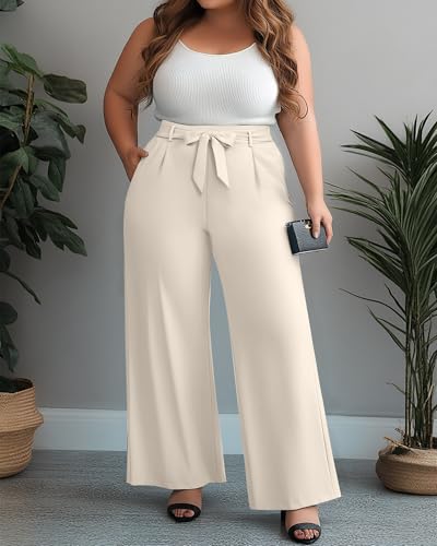 Women's Plus Size Wide Leg Dress Pants High Waist Palazzo Adjustable Knot Casual Business Trousers with Pockets4