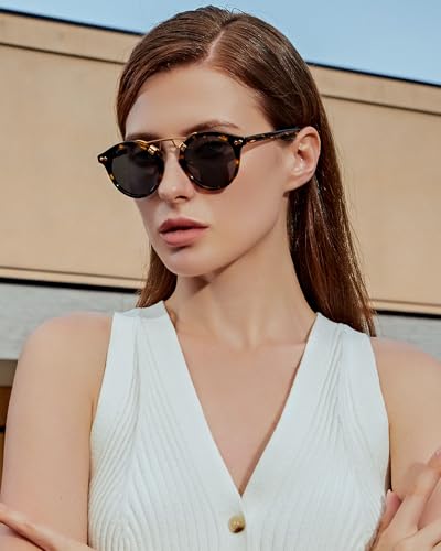 Image of CARFIA Small Face Acetate Polarized Sunglasses for Women UV Protection, Retro Double Bridge Eyewears Metal Brow Round Sunnies
