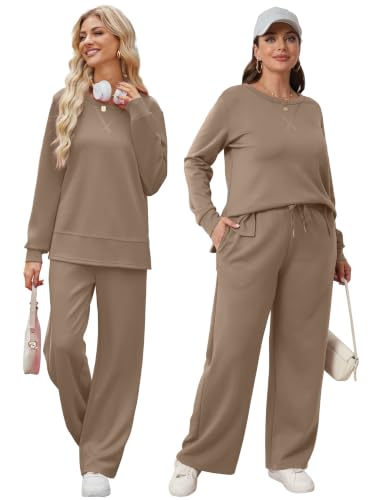 Image of OFEEFAN Women's 2 Piece Lounge Set Travel Airport Outfits Side Slit Tracksuit Wide Leg Loungewear Baggy Comfy Sweatsuit S-3XL
