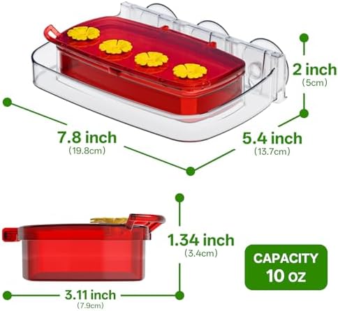 Window Hummingbird Feeder with Strong Suction Cup, Plastic Hummingbird Feeders for Outdoors, Built-in Moat,Easy to Clean and Refil (10oz) (1, Red) - 5