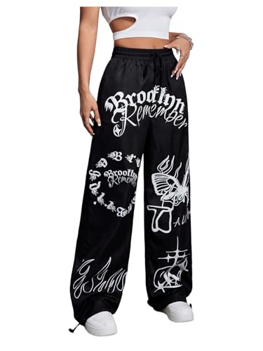 Verdusa Women's Hip Hop Letter Graphic Pants Drawstring High Waisted Straight Leg Trousers