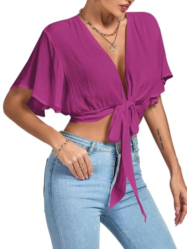 Image of LYANER Women's Sexy Deep V Neck Tie Front Wrap Cropped Blouse Bell Short Sleeve Ruffle Crop Tops