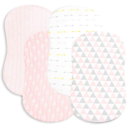 Image of Bassinet Bed Sheets – Premium Bassinet Fitted Sheets for Halo, Mika Micky, Maxi Cosi & Others - 4 Pack – 100% Jersey Knit - Bassinet Bedding for Standard Size Oval or Halo Bassinet Pads for Girls