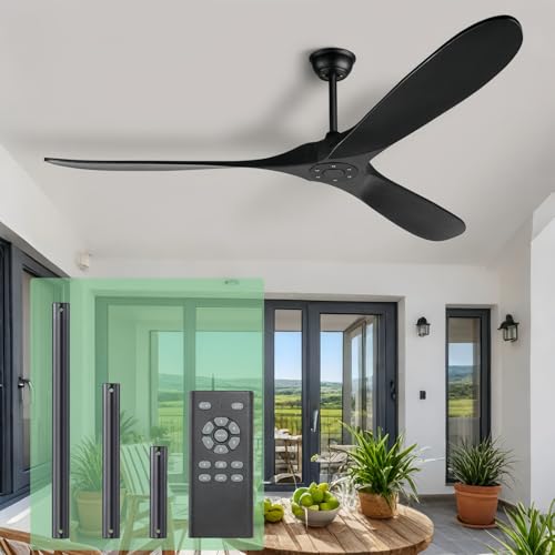 Black Modern 72 Inch Outdoor Ceiling Fan with Remote, Wood Large 3 Blade High CFM Wet Rated Ceiling Fans for Patios Porch Gazebo - Industrial Propeller Ceiling Fan for Indoor Living Room Bedroom