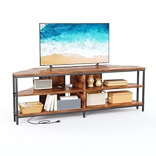 CAIYUN 140cm Corner TV Unit With Power Outlet, 55 Inch Stand for Living Room, Cabinet for 32/45/50/55/60/65 Inch TVs, Wooden Bench for Bedroom, Rustic Brown