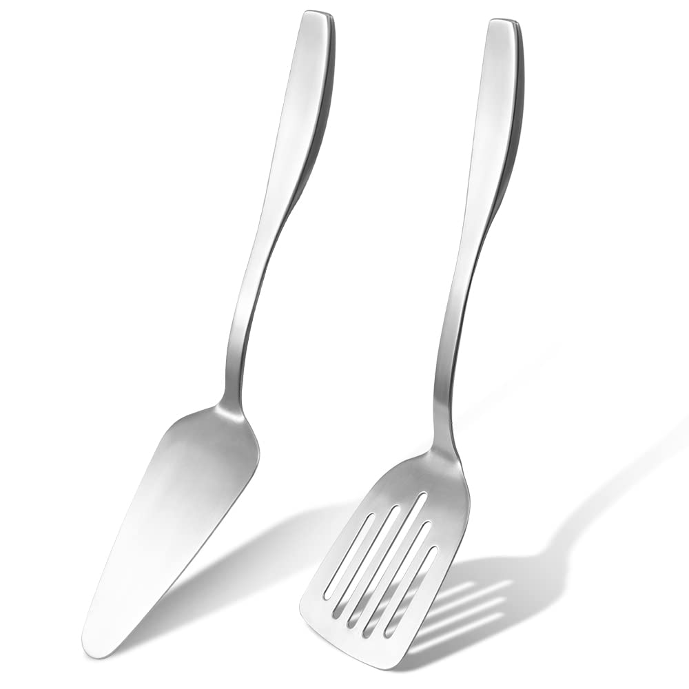 Pie Spatulas Sever Stainless Steel, 2 Pack Small Turner Spatula Set, Pie Cake Server, 9.4 Inch Stainless Steel Slotted turner and 10.2 Inch PIZZA Pie Sever