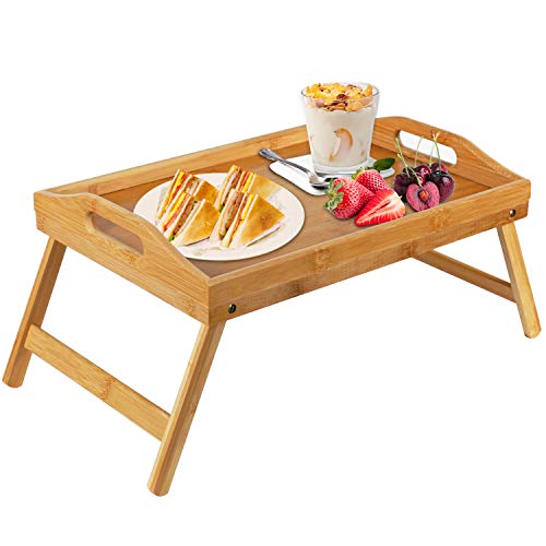 Pipishell Bamboo Bed Tray Table with Foldable Legs, Breakfast Tray for Sofa, Bed