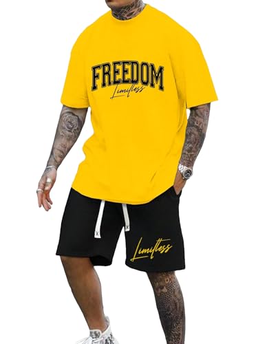 GORGLITTER Men's 2 Piece Outfits Letter Print Crewneck Short Sleeve T-Shirt and Shorts Set
