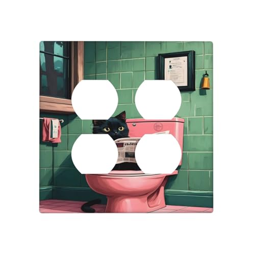 Decorative Outlet Covers Funny Black Cat Newspaper Pink Toilet 2 Gang Wall Plate Cover Double Duplex Receptacle Two Switch Light Switch Cover Plate Jumbo Dual Faceplate