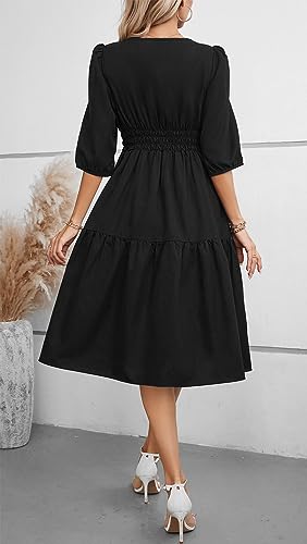 Image of Kormei Women Summer Casual Boho Floral Round Neck 3 /4 Sleeve Smocked Waist Tiered Flowy Swing Midi Dress S Black
