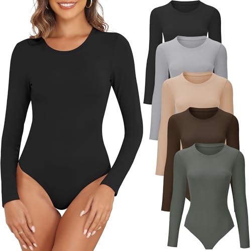 BVNSOZ Women's 4/5 Pack Round Neck Long Sleeve Bodysuit Casual Basic Stretchy Crew Neck Bodysuit Tops