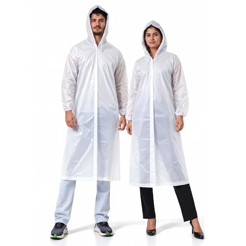 Image of Robustt EVA Reusable Raincoat with Hood (Transparent) - Pack of 2 | Elasticated Full Sleeves Outdoor Waterproof Raincoat for Men & Women | Rainwear | Button Closure | Knee Length | Universal Fit