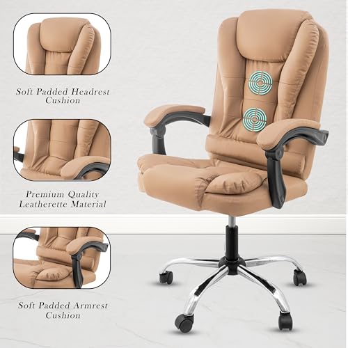 Image of NORMAN JR Italia Premium Leatherette Office Chair for Work | Boss Chair, Ergonomic Executive, Luxurious Cushioned Arms & Seat, 2 Point Back Massager, Heavy Duty Metal Base (Beige)