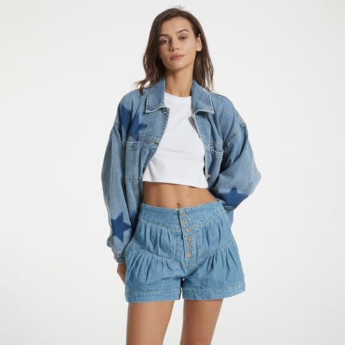 D-Sun Women Casual Denim Jacket Oversized Leopard Stars Printed Boyfriend Vintage Jean Jacket Coat with Pockets2