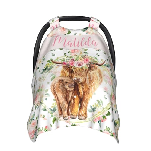 Personalized Baby Car Seat Canopy for Babies with Name, Custom Floral Cow Stroller Car Seat Covers for Girls, Minky Nursing Carseat Cover for Breastfeeding, Car Seat Canopies for Newborn
