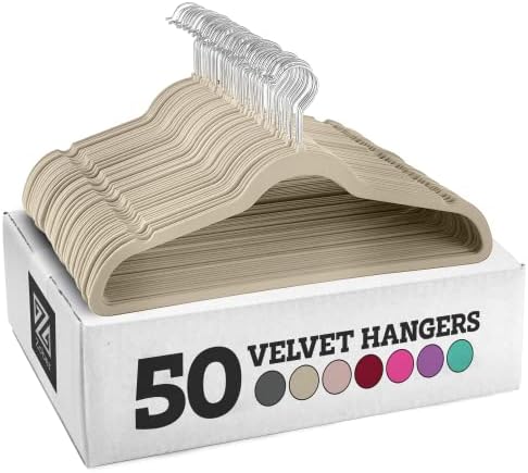 ZOBER Velvet Coat Hangers - 50-Pack, Premium, Non-Slip Hangers for Clothes - Velvet Clothes Hangers w/ 360 Degree Swivel Hook - Coat Hangers for Trousers, Dresses, and Coats - Beige