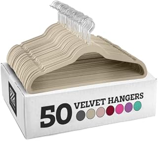 ZOBER Velvet Coat Hangers - 50-Pack, Premium, Non-Slip Hangers for Clothes - Velvet Clothes Hangers w/ 360 Degree Swivel Hook - Coat Hangers for Trousers, Dresses, and Coats - Beige