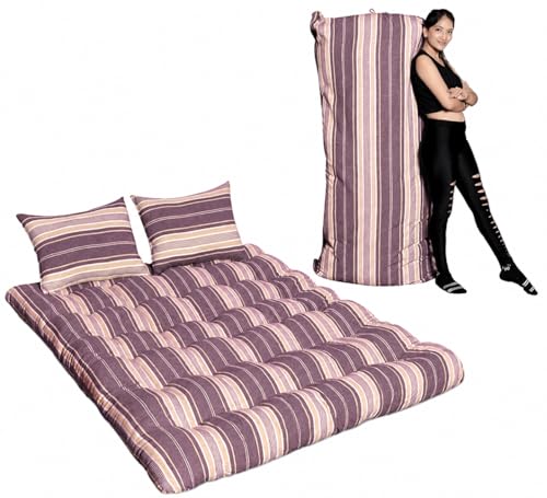 Image of Queen Size Floor Mattress, 5 x 6 Feet | 6-Layer Comfort, Foldable Gadda, For Couples and Guests, Mehroon and White Stripes