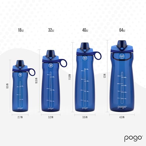 Image of Pogo 64oz Plastic Water Bottle with Leak-Proof Chug Lid and Carry Handle, Reusable, BPA Free, Capacity Markings, Dishwasher Safe, Perfect for Travel, School, Outdoors, and Gym, Blue