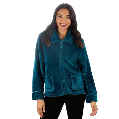 Ladies Bed Jacket Super Soft Waffle Fleece Long Sleeve Womens Zip Up Pockets Luxury Loungewear Nightwear (TEAL, 10-12)