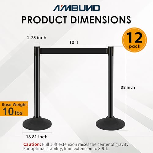 Image of 12 Pack Stanchions with Retractable Belts - Heavy Duty Crowd Control Barriers with Weighted Rubber Base, 10FT Retractable Belt Stanchions for Queue Line, Events, Public Safety(Black,12 Pack)